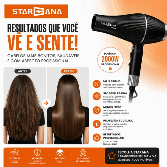 Secador de Cabelo Profissional STARANA ST-840 2000W | 127V / 227V | Alta Potência Varias Funções