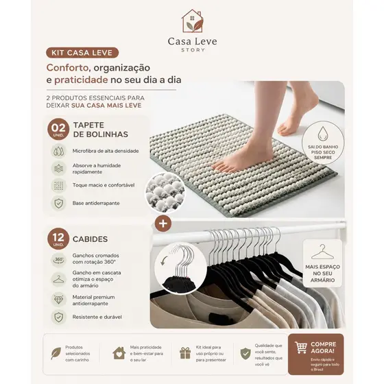 Kit Organização Master: 12 Cabides de Veludo Slim + 2 Tapetes de Banheiro Ultra Macios