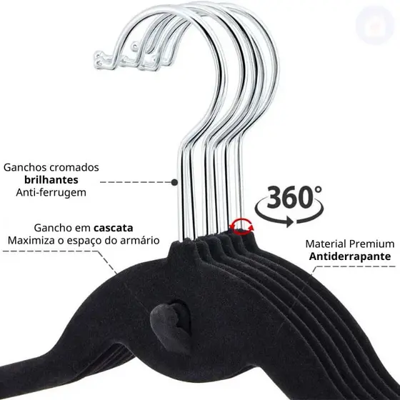Kit 12 Cabides Veludo Slim Antiderrapante  | Não Escorrega | Guarda Roupa Organizado