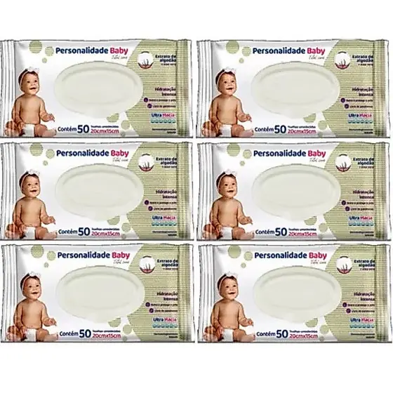 Kit 6 Pacotes Toalhas Umedecidas Lenço Bebê Personalidade Baby  6 Pacotes C/50un