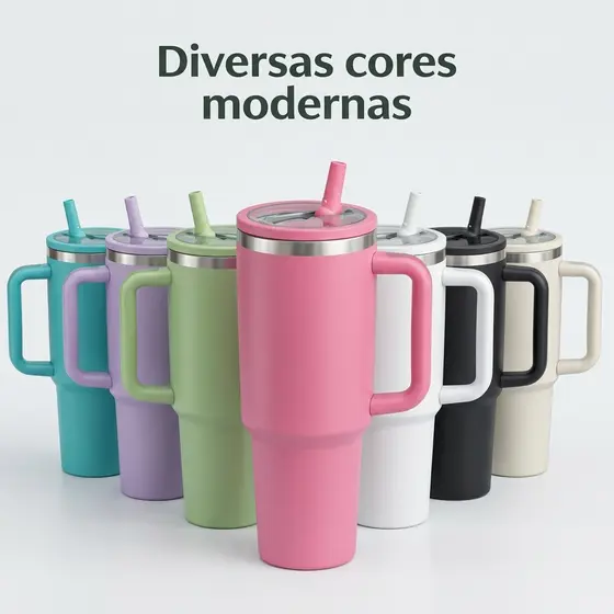 Copo Térmico 1,2L com Interior em Aço Inox 304, Alça, Canudo e Tampa com Vedação para Porta-Copos