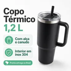 Copo Térmico 1,2L com Interior em Aço Inox 304, Alça, Canudo e Tampa com Vedação para Porta-Copos