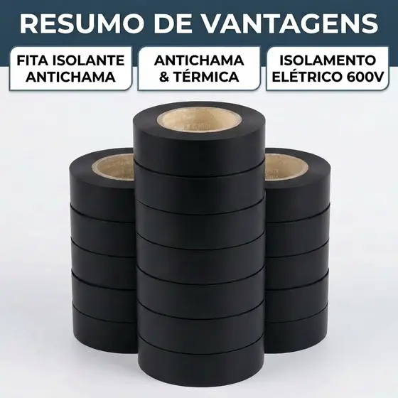 Fita Isolante Preta Antichama PVC 600V para Fios e Cabos Elétricos