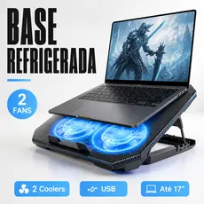 Suporte Base Refrigerada 2 Coolers Resfriar Notebook Ventilação Silenciosa Ajustável Até 17 Pol Usb