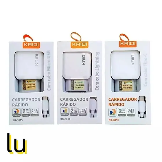 Carregador Turbo 2.4A USB×2 Com Cabo para Modelos V8/TYPE-C/IPHONE KAIDI KD-301 Original