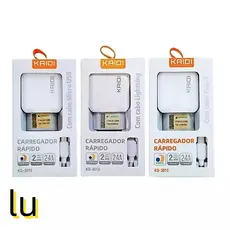 Carregador Turbo 2.4A USB×2 Com Cabo para Modelos V8/TYPE-C/IPHONE KAIDI KD-301 Original