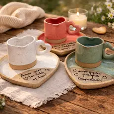 Kit Caneca Coração 300ml com Bandeja Frase Amor Cerâmica / Presente / Louça Decoração Namorados Café
