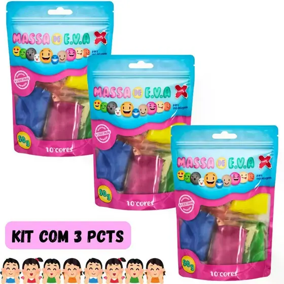 Kit 3 Massinhas EVA Make+ 50g 10 Cores Cada Massa de Modelar Infantil