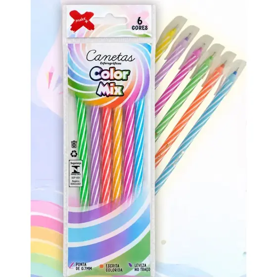 Kit 6 Canetas Esferográficas Coloridas Make+ Color Mix 0.7mm