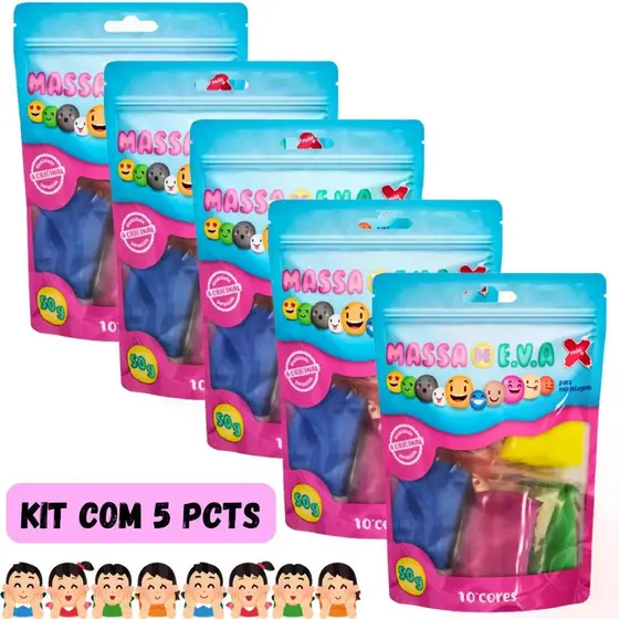 Kit 5 Massinhas EVA Make+ 50g 10 Cores Cada Massa de Modelar Infantil
