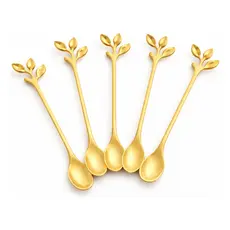 Kit Colher Folhas Talher Sobremesa Fofa Chá Café Torta Bolo Mesa Posta Premium Folhas Premium Dourado Criativo