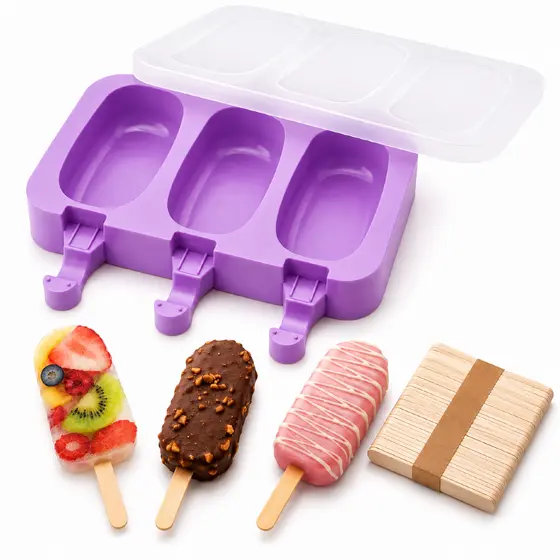 FORMA DE PICOLÉ SILICONE COM TAMPA MOLDE SORVETE CASEIRO 3 CAVIDADES REUTILIZÁVEL + 50 PALITOS MADEIR
