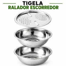 TIGELA INOX 3 EM 1 RALADOR ESCORREDOR BACIA MULTIUSO FATIADOR MANUAL PARA LEGUMES QUEIJO 26CM