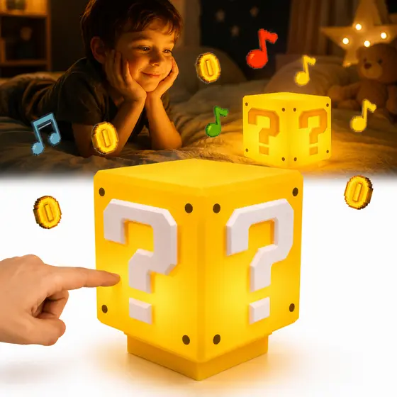 LUMINÁRIA SUPER MARIO LED CUBO BLOCO INTERROGAÇÃO COM SOM USB LUZ NOTURNA ABAJUR GAMER PARA QUARTO MESA