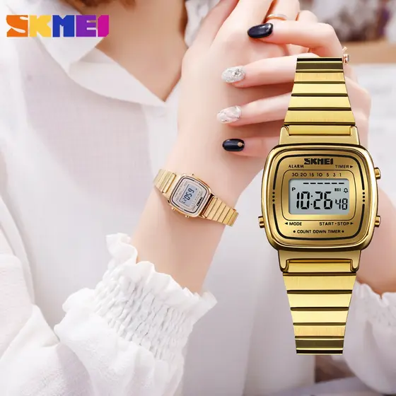 SKMEI 1901 Relógio Esportivo FemininodeLuxo Eletrônico Impermeável de AçoInoxidável Feminino Relógio