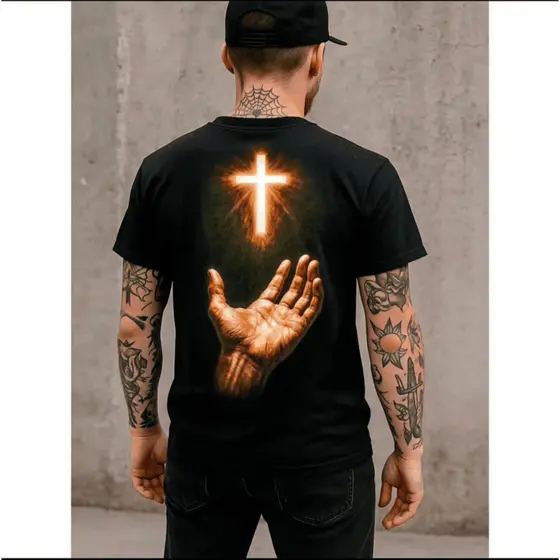 Camiseta Unissex Estampa Cruz Dourada Brilhante Super Tendência Algodão Premium