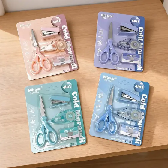 Conjunto de Papelaria 4 em 1 Cor Morandi Mini Grampeador Tesoura Fita Corretiva para Escritório e