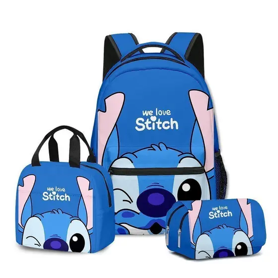 Conjunto de Mochila Escolar Infantil Anime Stitch para Meninos e Meninas, Bolsa Térmica para Laptop e Lancheira