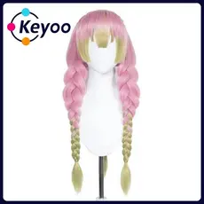 [KEYOO] Peruca Cosplay Demônio , Kimetsu no Yaiba Long Demon Slayer , Mitsuri Kanroji Verde Rosa0