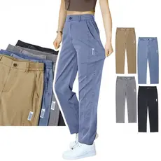Calças Casuais de Algodão Lyocell Tencel Tamanho Grande, Corte Slim, Cor Sólida, Respirável, Cintura Elástica, Verão