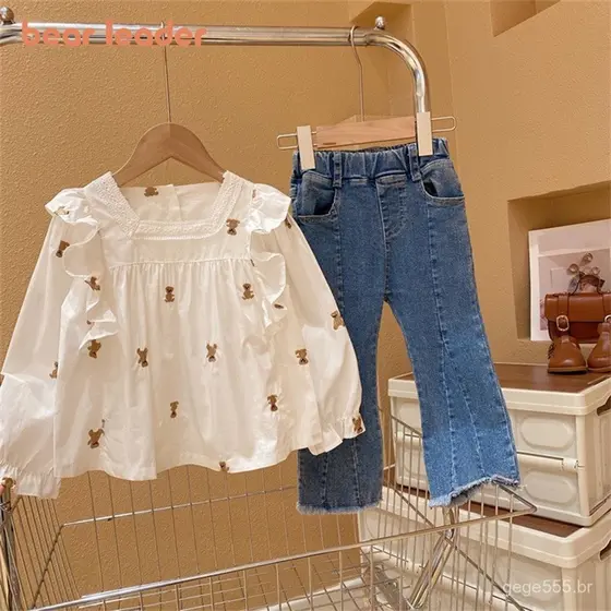 Conjunto de Roupas Casuais para Meninas Bear Leader, Bebê Menina, Nova Coleção Primavera Outono 2024, Camisa de Manga Lo