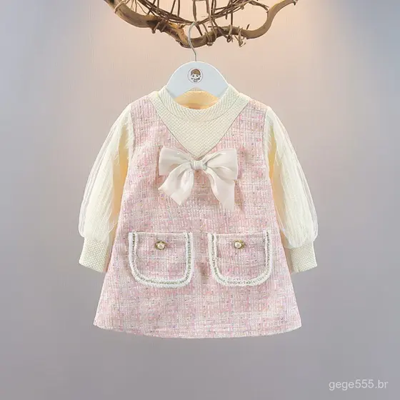 Vestido de Princesa para Menina com Mangas de Malha da Bear Leader, para Primavera e Outono, com Laço, para Crianças de