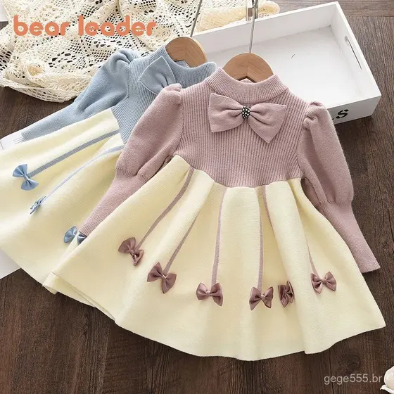 Vestido de Menina Leader Bear, Novo Vestido de Outono e Inverno com Laço, Saia de Tricô, Vestido de Princesa para Crianç