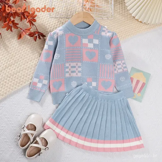 Bear Leader Nova Coleção de Outono de Roupas Infantis para Meninas, Saias de Malha Plissadas, Pulôver e Conjunto Casual