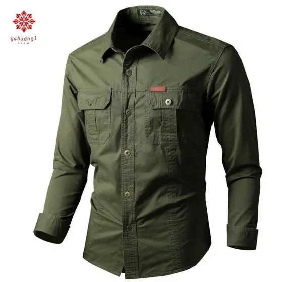 Camisas Cargo Masculinas Crocodile, Camisa Militar Casual de Algodão de Manga Longa para Soldados