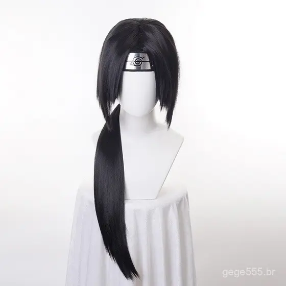 Itachi Uchiha Peruca Cosplay Longa Reta Preta Resistente Ao Calor Sintética + Tiara + Cap0
