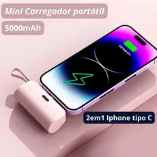 Power Bank Mini Compacto com Cabo Integrado, Carregador Portátil para iPhone e Android