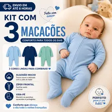 Kit 3 Macacão Bebê Zíper Menino Liso Algodão Vira Pé Inverno Infantil Macio Macacões