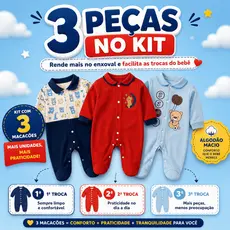 Kit 3 Macacão Estampado Menino Bebê Algodão Suedine Vira Pé Inverno Infantil Macio Macacões
