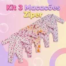 Kit 3 Macacão Estampado Ziper Menina Bebê Algodão Vira Pé Inverno Verao Infantil Macio Macacões