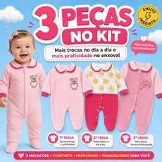 Kit 3 Macacão Estampado Menina Bebê Algodão Suedine Vira Pé Inverno Infantil Macio Macacões