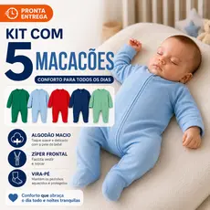 Kit 5 Macacão Zíper Menino Liso Bebê Algodão Vira Pé Inverno Infantil Macio Macacões