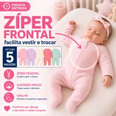 Kit 5 Macacão Zíper Menina Liso Bebê Algodão Suedine Vira Pé Inverno Infantil Macio Macacões