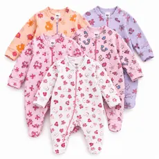 Kit 5 Macacão Bebê Estampado Ziper Menina Algodão Vira Pé Inverno Enxoval Macio Inverno