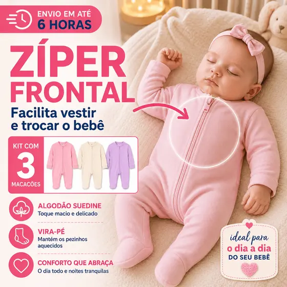 Kit 3 Macacão Bebê Zíper Menina Liso Algodão Vira Pé Inverno Infantil Macio Macacões