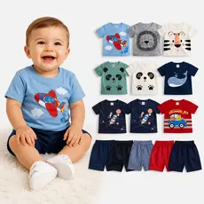 Kit 6 Peças Conjunto Bebê Menino Infantil Estampas Divertidas Verão 3 Camisas 3 Bermudas Algodão