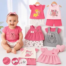 Kit 6 Peças Menina Bebê Infantil Peças de Roupas Verão Infantil Fashion Short Blusa Algodão