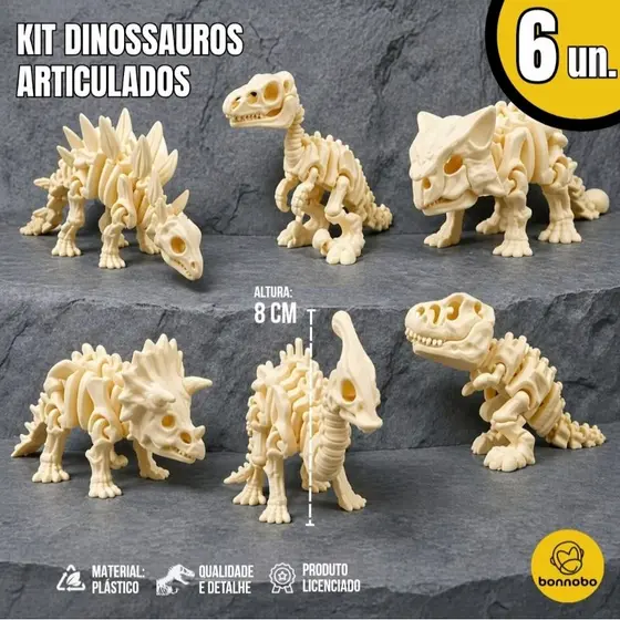 Kit 6 Dinossauros Esqueletos Articulados Decorativos para Crianças - Presente para Meninos e Meninas