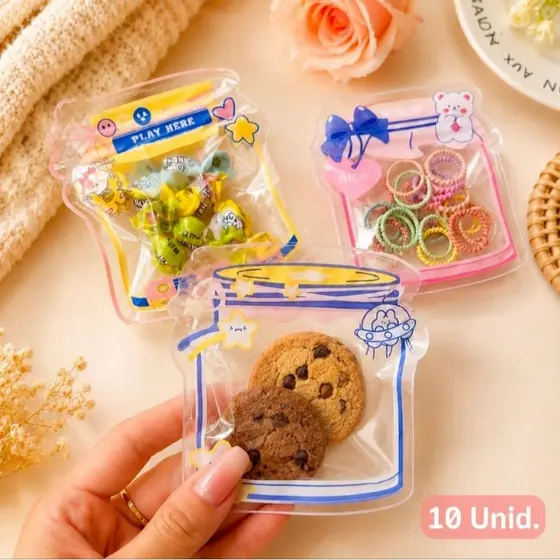 10 Saquinhos ZipLock Transparentes para Doces Biscoitos e Lembrancinhas Embalagem Fofa p/ Presentes.