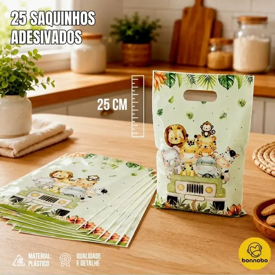 25 Sacolas para Doces Biscoitos e Lembrancinhas com Bichinhos Safari para Festa Infantil Aniversário
