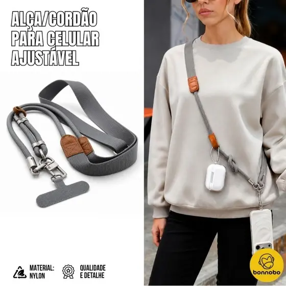 Alça para Celular Transversal Ajustável com Suporte Universal Cordão de Pescoço e Ombro Mãos Livres.