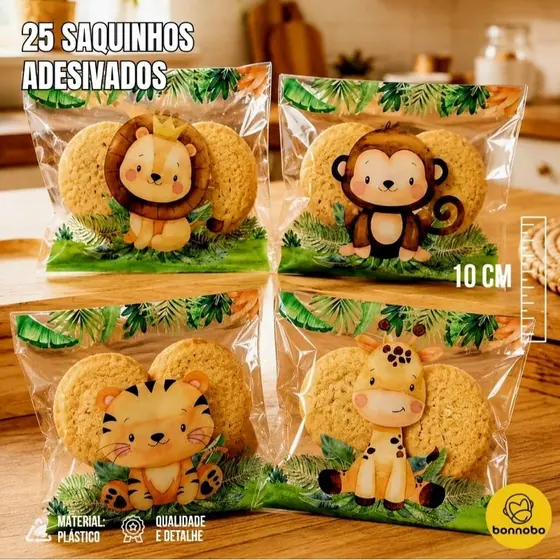 25 Saquinhos Adesivados 10 cm para Doces e Biscoitos com Bichinhos Safari Festa Infantil Aniversário