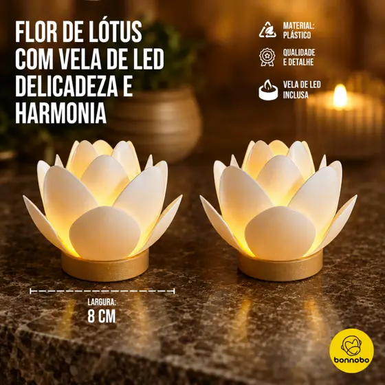 Flor de Lótus Decorativa com Luz LED – Enfeite Zen para Ambiente Relaxante  - Inclui Velinha de LED.