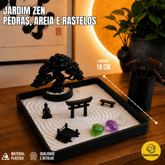 Jardim Zen com itens Decorativos, Areia Branca, Pedras e Rastelos - Decoração p/ Cantinho Meditação.