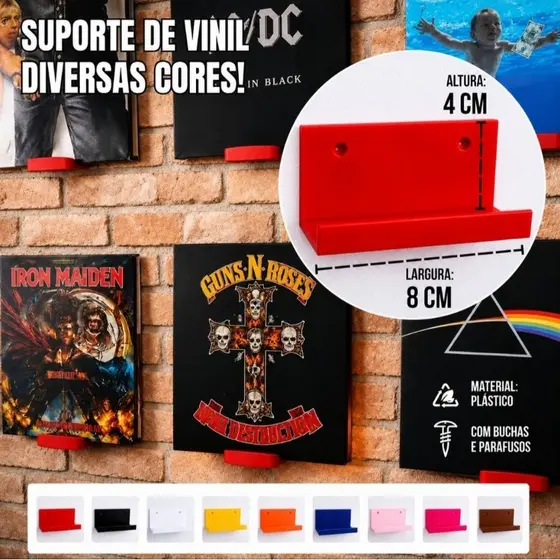 Kit 3/6 Suportes para Discos de Vinil de Parede Expositor LP Decoração - Porta Vinil Diversas Cores.
