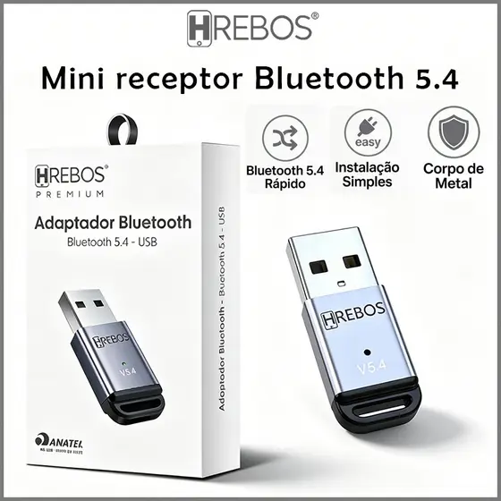 HREBOS Mini receptor Bluetooth 5.4 HREBOS metal durável plug and play sem instalação Alta velocidade de transmissão.